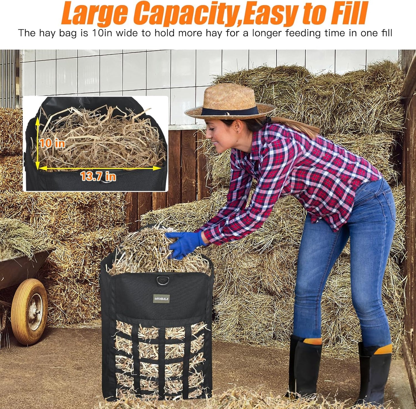 Hay Bags for Horses,Two-Sided Premium Oxford Slow Feed Hay Bags for Goats,Sheep,Donkey,Large Top Opening with Hook-and-Loop Seals,Easy to Hang with Adjustable Strap (Black, Large 1 Pack)