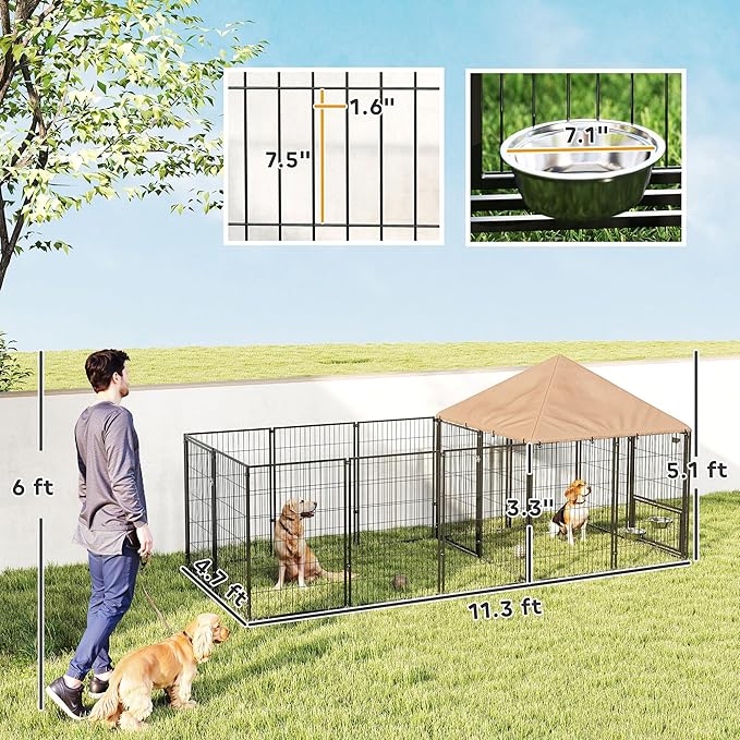 PawHut Dog Kennel Outside with 1 Room, Large Outdoor Dog Kennel Run w/Rotating & Adjustable Bowls, Waterproof & UV-Resistant Canopy, Welded Wire Pet Enclosure for Yard Garden, 11.3' x 4.7' x 5.1'