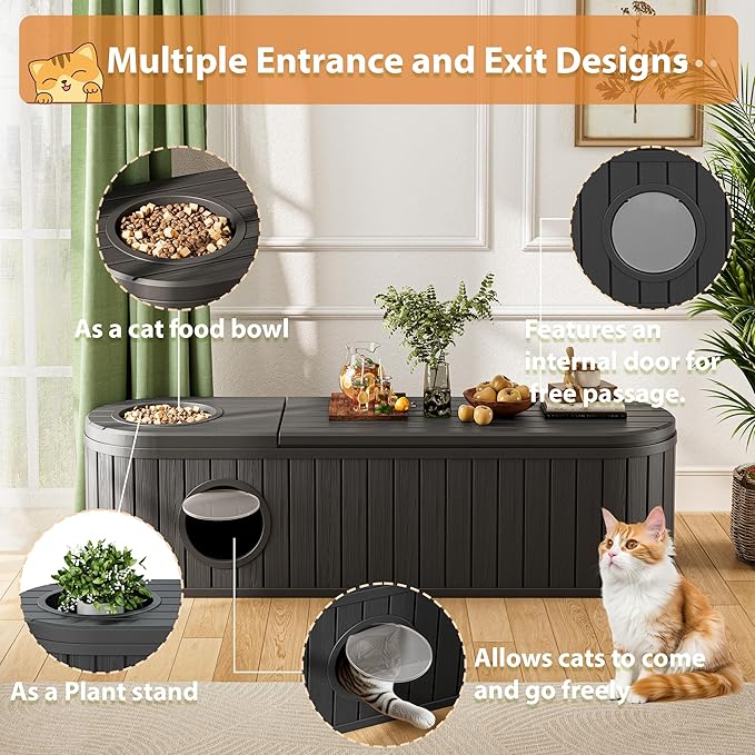 Hidden Litter Box Furniture for 2 Cats, Cat Litter Box Enclosure with Round Lift-up Door, Large Cat Cabinet, Indoor Cats House with Two Exits Black