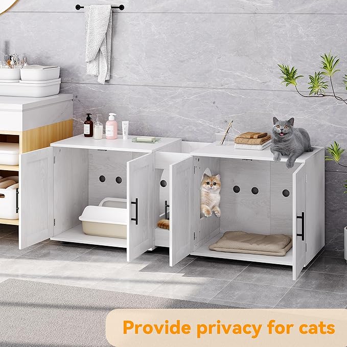 Cat Litter Box Enclosure for 2 Cats,55" Large Hidden Litter Box Furniture with Barn Door & Double Rooms,Modern Indoor Pet House TV Stand Side Table,Cats Washroom,for Bedroom Living Room,White