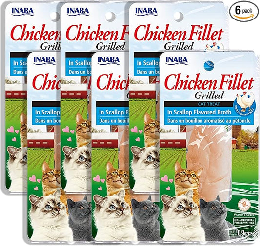 INABA Premium Hand-Cut Grilled Chicken Fillet Cat Treats/Topper with Vitamin E and Green Tea Extract, 0.9 Ounces Each, Pack of 6, Scallop Broth