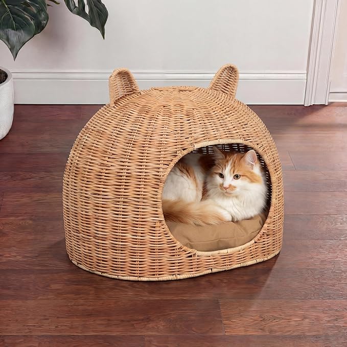 CBD1000B Cat Ear 20" x 14.5" Handwoven Water Hyacinth Pet Bed, Wicker Cat Hideaway Dome with Machine-Washable Cushion, Coastal Woven Pet House for Cats and Small Dogs, Light Brown