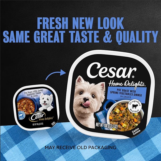 Cesar Home Delights Pot Roast Flavor with Spring Vegetables in Dinner Sauce, 3.5 oz. Easy Peel Tray, 24 Count (Pack of 1)