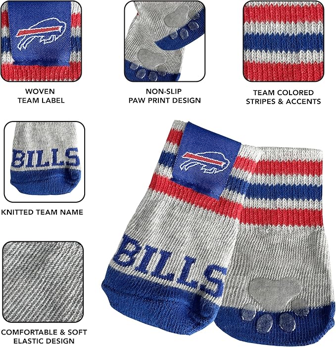 NFL Buffalo Bills Anti Slip Dog Socks with Elastic Ribbed Top, Size X-Small/Small. Indoor/Outdoor Socks, Best Dog Paw Protector, 2 Pairs, Cool Puppy Supplies with NFL Logo of Bills Football Team
