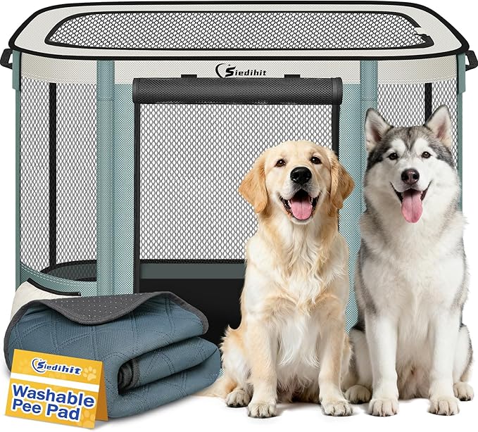Siedihit Dog Cat Playpen Crate with Washable Pee Pad, Reinforced Durable Dog Cage, Portable Foldable Pet Kennel with Breathable Visibility (Grey with Pad, Extra Large)