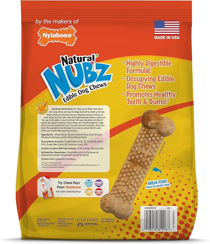 Nylabone Nubz Natural Dog Chew Treats for Large Dogs, Long Lasting Dog Chew Bones Made in the USA, Chicken Flavor Breath Freshener Dental Chews, Large Dog Bones For Dogs Over 30 lbs. (18 Count)
