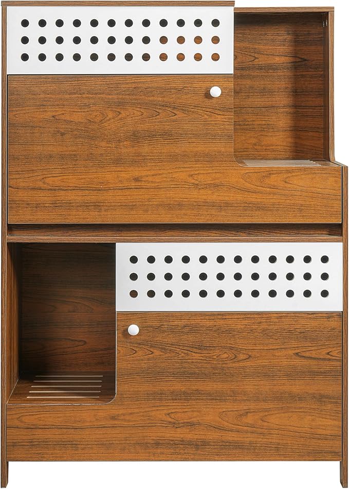 GDFStudio 44" Modern Cat Litter Box Enclosure Furniture, 2 in 1 Cat Furniture Set with Storage Shelf and Flip Door, Wooden Indoor Cat House, Space Saving Pet Furniture, Brown