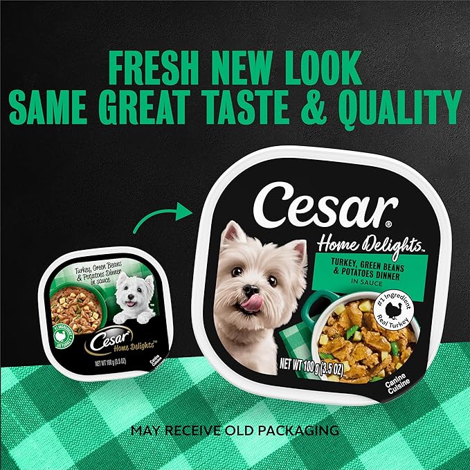Cesar Home Delights Adult Wet Dog Food, Turkey, Green Beans & Potatoes Dinner in Sauce, 3.5 oz. Easy Peel Dog Food Tray, 24 Count (Pack of 1)