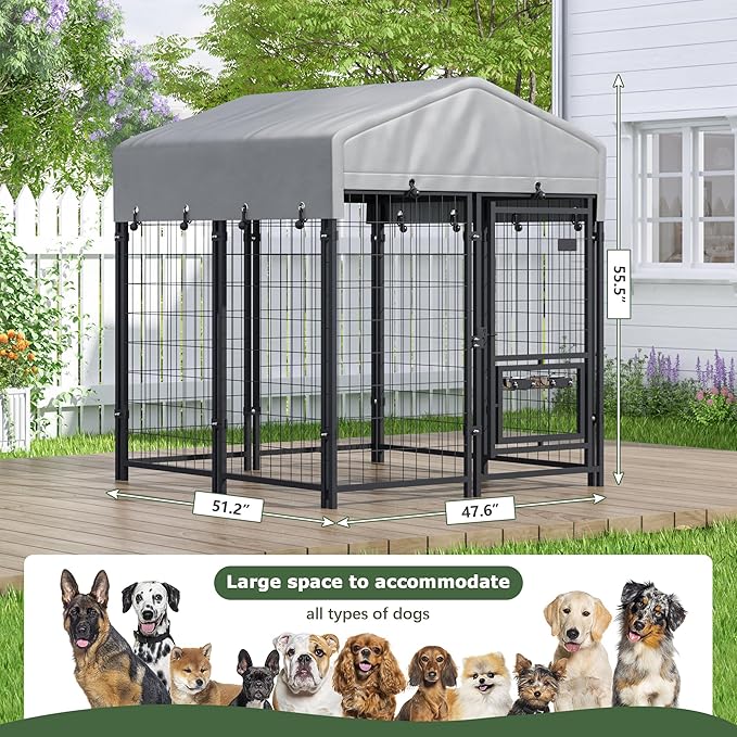 HOGYME Outdoor Dog Kennel with Roof, Dog Kennel Outside with 2 Dog Bowls, Large Dog House Pen Dogs Run Enclosure with Secure Lock and Wateproof Sunproof Cover (4'L x 4'W x 4.6'H) Black