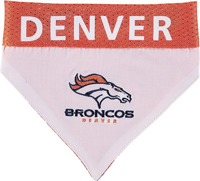 NFL DOG BANDANA - DENVER BRONCOS REVERSIBLE PET BANDANA. 2 Sided Sports Bandana with a PREMIUM Embroidery TEAM LOGO, Small/Medium. - 2 Sizes & 32 NFL Teams available
