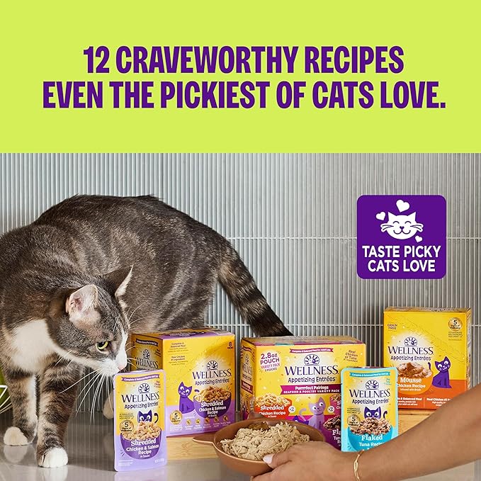 Wellness Appetizing Entrées Flaked Adult Wet Cat Food, Natural, Protein Rich, Grain Free, Tuna and Cod Recipe, 1.4 oz, Pack of 8 Pouches