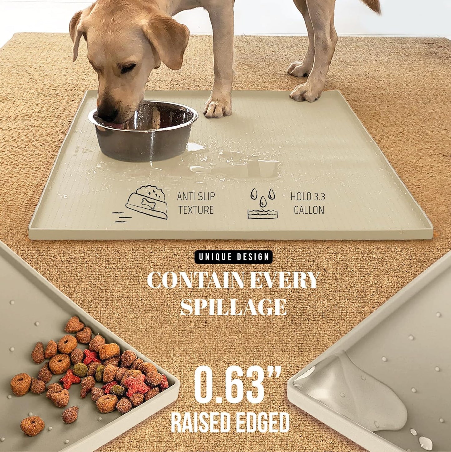 AVERYDAY 32x24'' Silicone Dog Mat for Food and Water, 0.63'' Edge Dog Food Bowl Mats for Floor Waterproof, Dogs Water Mat for Sloppy Drinker, Non Slip Rubber Pet Feeding Mats for Indoor Dogs and Cats