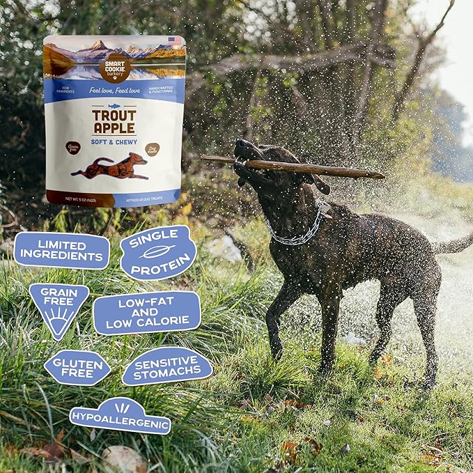 Smart Cookie All Natural Dog Treats - Trout & Apple - Training Treats for Dogs with Allergies, Sensitive Stomachs - Soft Dog Treats, Grain Free, Chewy, Human-Grade, Made in USA - 5oz, Pack of 3