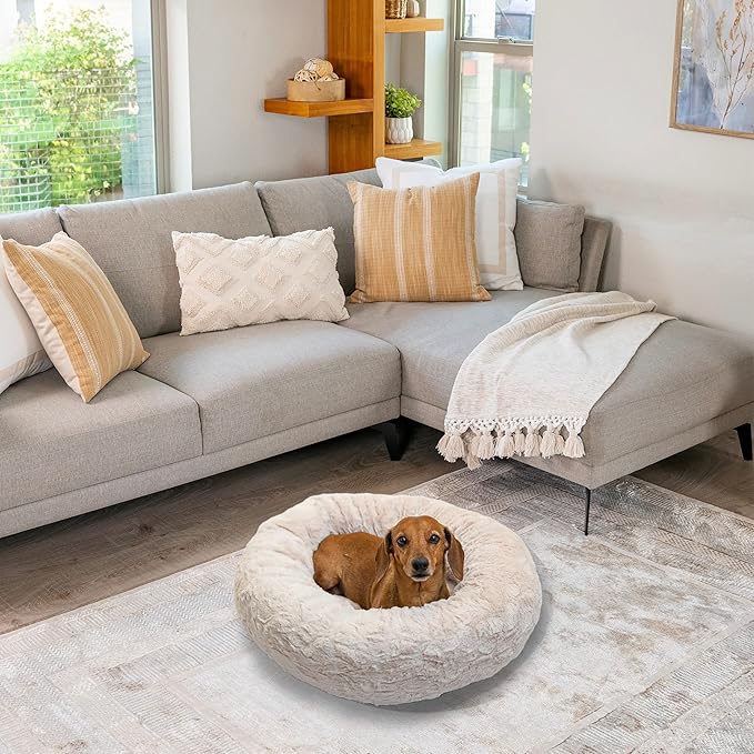Best Friends by Sheri The Original Calming Donut Dog Bed for Small Dogs up to 25 lbs, Lux Faux Fur, Oyster, 23" x 23"
