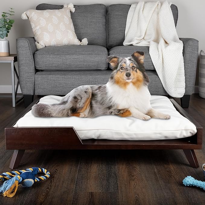 Elevated Dog Bed - 36” x 29.5” Indoor Pet Bed with Frame and Soft Cushion - Mid-Century Modern Wood Dog Bed for Medium to Large Pets by PETMAKER (Dark Brown)