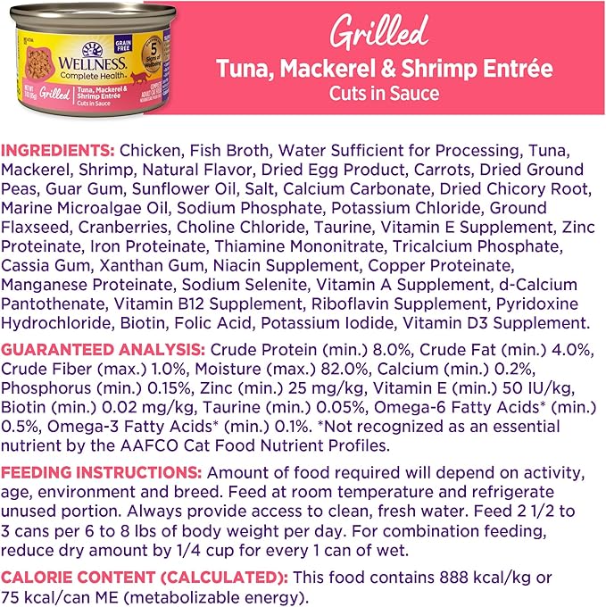 Wellness Complete Health Grilled Adult Canned Wet Cat Food, Natural, Protein Rich, Grain Free, Tuna, Mackerel, and Shrimp Entrée Recipe, 3 oz, Pack of 12 Cans