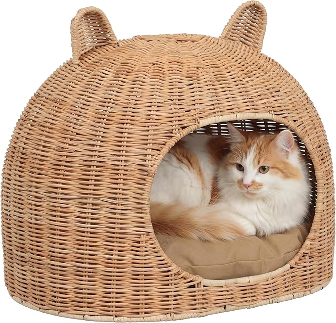 CBD1000B Cat Ear 20" x 14.5" Handwoven Water Hyacinth Pet Bed, Wicker Cat Hideaway Dome with Machine-Washable Cushion, Coastal Woven Pet House for Cats and Small Dogs, Light Brown
