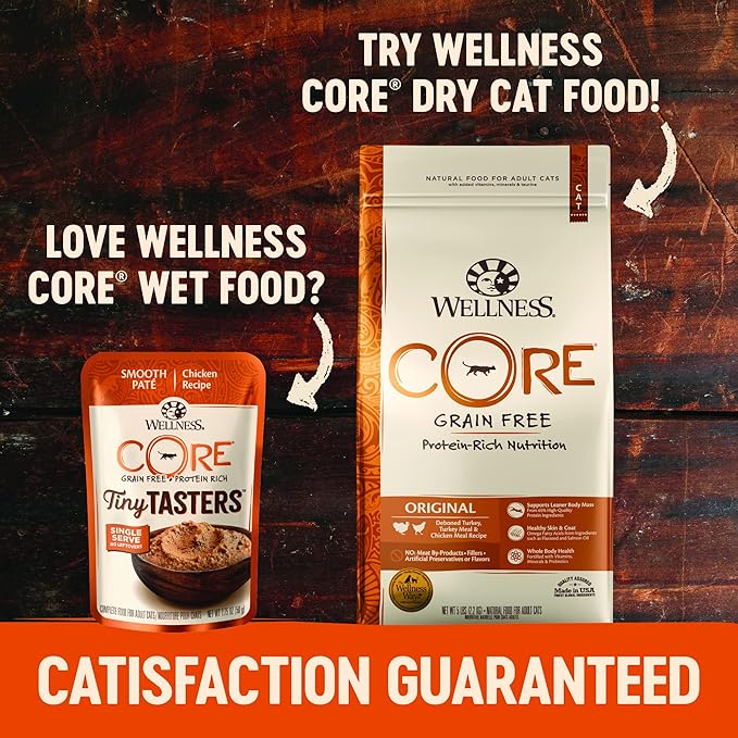 Wellness CORE Tiny Tasters Pate Adult Wet Cat Food, Natural, Protein Rich, Grain Free, Chicken and Beef Recipe, 1.75 oz, Pack of 12 Pouches