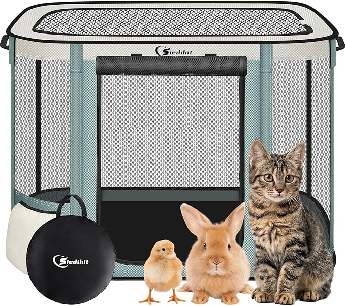 Siedihit Dog Cat Playpen Crate with Washable Pee Pad, Reinforced Durable Dog Cage, Portable Foldable Pet Kennel with Breathable Visibility (Grey, Small)