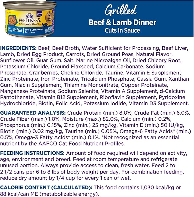 Wellness Complete Health Grilled Adult Canned Wet Cat Food, Natural, Protein Rich, Grain Free, Beef and Lamb Dinner Recipe, 3 oz, Pack of 12 Cans