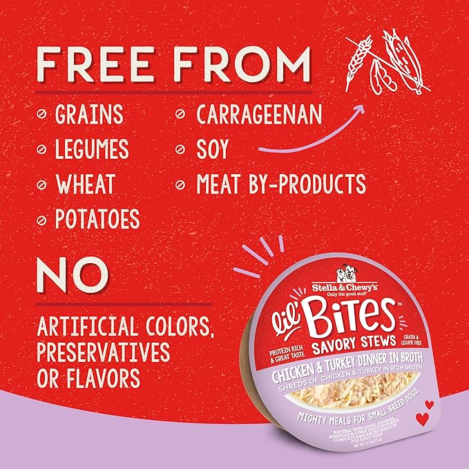 Stella & Chewy's Lil Bites Savory Stews for Small Breeds Chicken & Turkey Dinner in Broth,2.7 oz Cups,(Pack of 24)