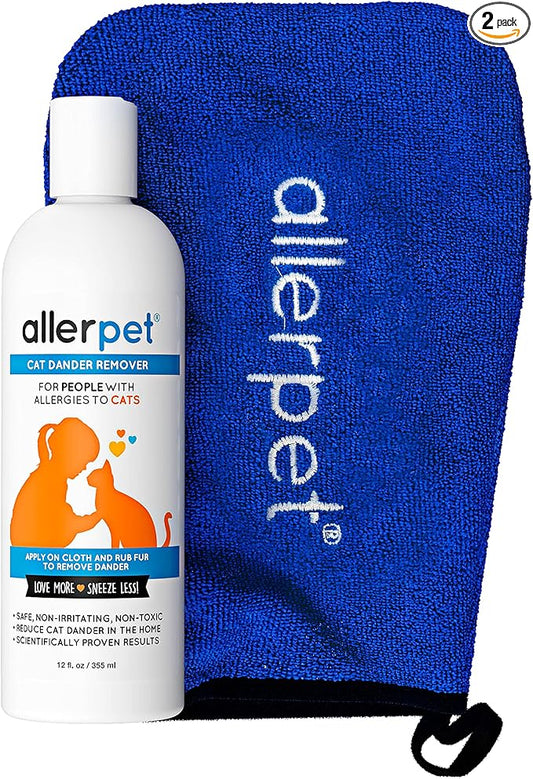 Allerpet Cat Dander Remover w/Free Applicator Mitt - Effective Cat Dander Remover - Anti Allergen Solution Made in USA - (12oz)