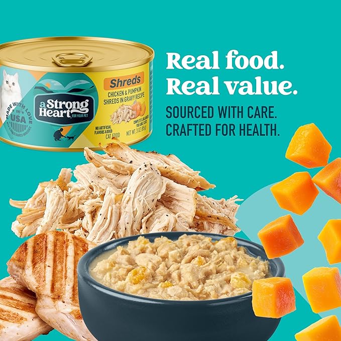 A Strong Heart Wet Cat Food, Chicken & Pumpkin Shreds in Gravy, Made with Whole Muscle Chicken, Made in the USA, 3oz Can (Pack of 24)