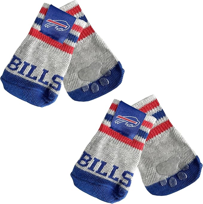 NFL Buffalo Bills Anti Slip Dog Socks with Elastic Ribbed Top, Size X-Small/Small. Indoor/Outdoor Socks, Best Dog Paw Protector, 2 Pairs, Cool Puppy Supplies with NFL Logo of Bills Football Team