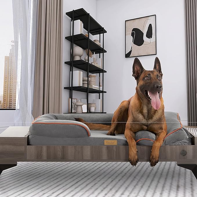 Wooden Dog Bed with Mattress, Large to Extra Large Water-Resistant Elevated Pet Bed, Wooden Pet Bed with Storage, Greenguard Gold Certified, Machine Washable, Smokey Grey, Wyatt - TailZzz