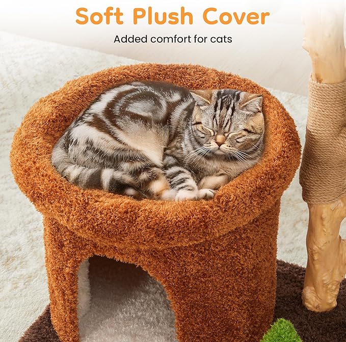 Fansafurn Cat Tree with Scratching Posts, Multi-Level Cute Cat Tower for Playful Cats and Multiple Cats, 32" Wooden Climbing Tower with Natural Wood, Bed & Condo