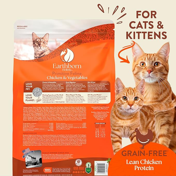 Earthborn Holistic Primitive Feline Grain-Free Dry Cat Food, High Protein Chicken Recipe, Indoor All Life Stages Formula, 12.5 lb Bag
