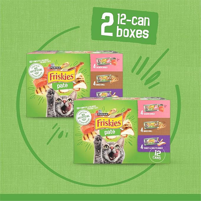 Purina Friskies Wet Cat Food Pate Variety Pack Salmon Dinner, Turkey and Giblets Dinner and Mixed Grill - (2 Packs of 12) 5.5 oz. Cans