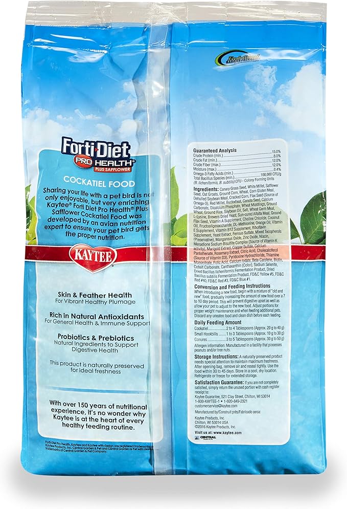 Kaytee Forti-Diet Pro Health+Safflower Nourish+Protect Cockatiel Food, Supports Breeding and Molting, Nutrition Backed by Science, Digestive and Brain Health, 4 pounds (Pack of 2)