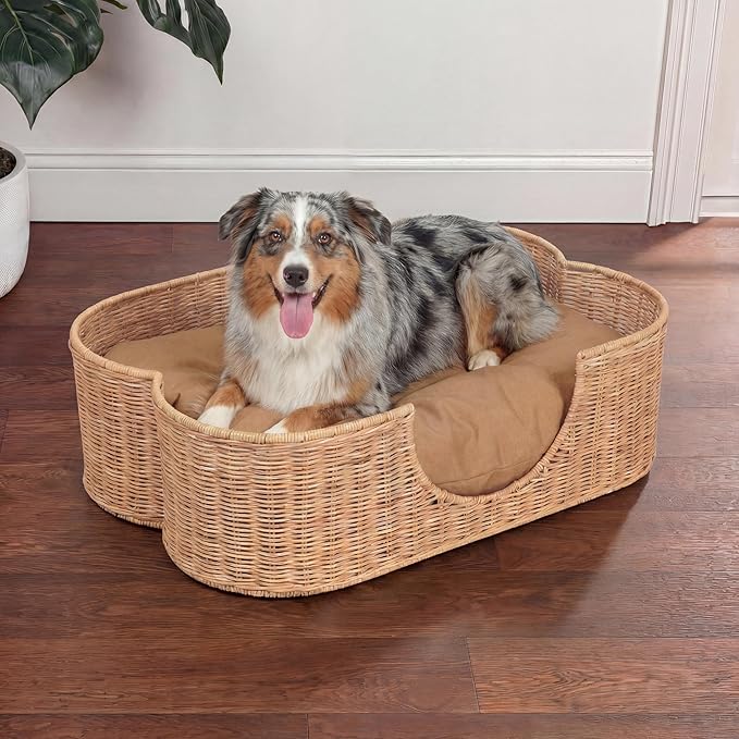 DBD1003B Scallop Handwoven Water Hyacinth Pet Bed with Machine Washable Cushion, 31" x 20" Wicker Cat and Dog Bed for Medium to Large Pets, Boho Tropical Style Basket, Light Brown