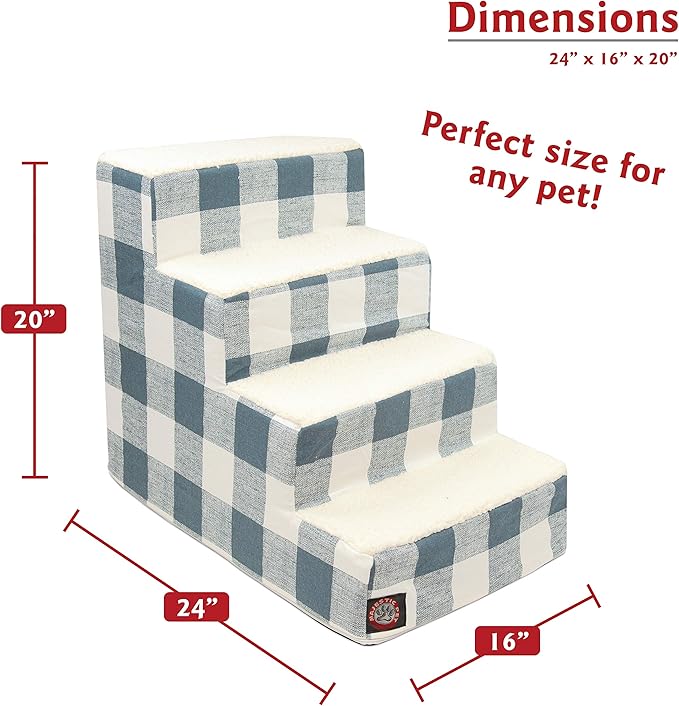 Majestic Pet 4 Step Portable Dog Stairs for Small Dogs to get on Bed Supports 25 lbs or Less – Dog Steps for High Bed with Machine Washable Cover – Pet Stairs for Cats Anderson Check Gunmetal Blue