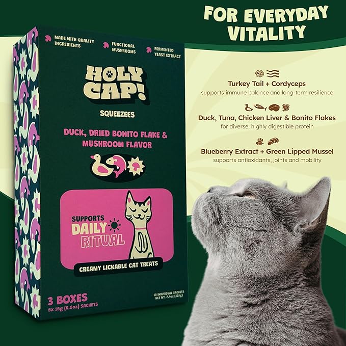 Daily Ritual Grain-Free Lickable Cat Treats, 15 Squeezable Purée Tubes (0.5 oz Each), Duck & Tuna Flavor, Creamy Cat Purée with Clean Ingredients, Hand-Fed Treat or Meal Topper