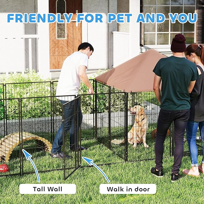 PawHut Dog Kennel Outside with 1 Room, Large Outdoor Dog Kennel Run w/Rotating & Adjustable Bowls, Waterproof & UV-Resistant Canopy, Welded Wire Pet Enclosure for Yard Garden, 11.3' x 4.7' x 5.1'
