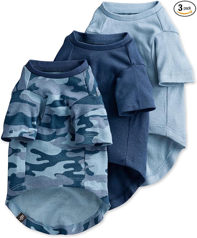Pet Passion Toby II - The Perfect Tee, 3 Pack Short Sleeve Pet T-Shirt 100% Organic Cotton Tees Clothes for Small, Medium, Large Dogs, Navy Camo, XX-Small (4-7 lbs)