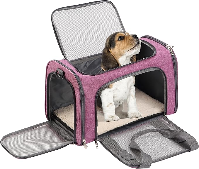Mr. Pen- Pet Carrier, 17.5" x 11.2" x 11.5", Medium Size, Pink, Portable Travel Carrier for Small Pets, Cats & Small Dogs, Breathable Mesh, Safety Inner Leash, Side Pocket & Padded Shoulder Strap