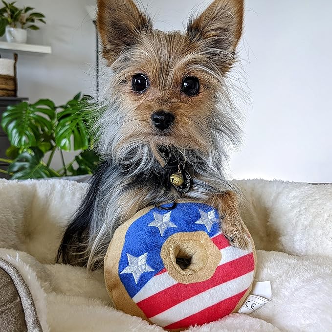 Huxley & Kent for Dogs | Stars & Stripes Donut (Small) | Power Plush Dog Toy with Squeaker | Funny Dog Gift | Fun, Durable, and Safe | H&K Squeaky Dog Toys