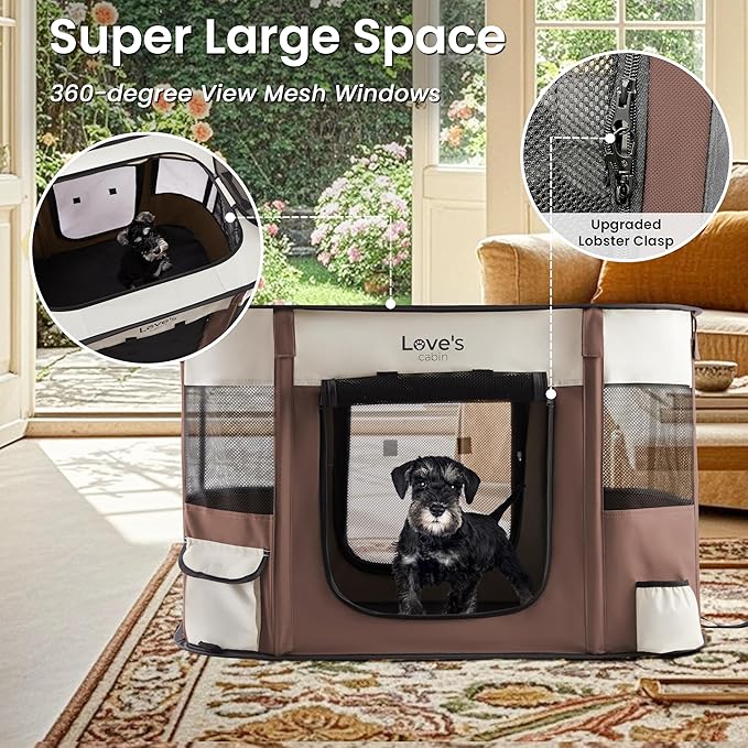 Love's cabin Pet Puppy Dog Playpen, Medium Dog Tent Crates Cage Indoor/Outdoor, Portable Exercise Playpen for Cat, Foldable Pop Up Dog Kennel Playpen with Carring Case (M, Brown)