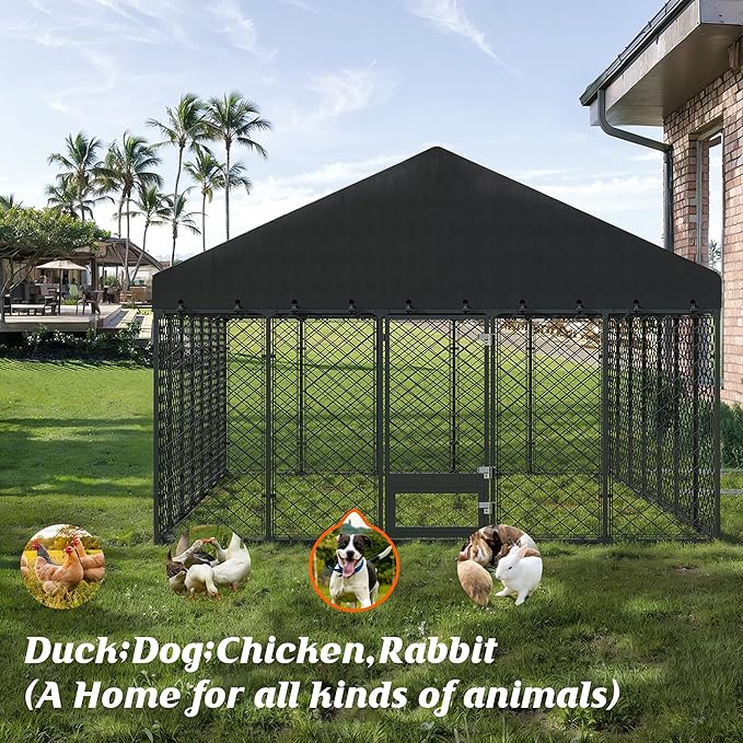 10x14FT Dog Kennel Outdoor with Roof - Heavy Duty Metal Fence Playpen for Large Dogs, Weatherproof Enclosure with Double Lock Gate & Feeding Swivel Door