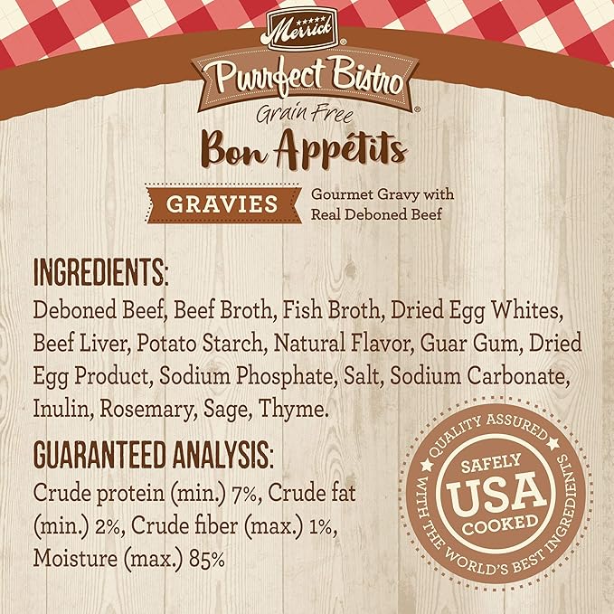 Merrick Purrfect Bistro Bon Appetits Premium Grain Free Wet Cat Food Topper, Beef Recipe Chunks in Gravy - (Pack of 24) 3 oz. Pouches