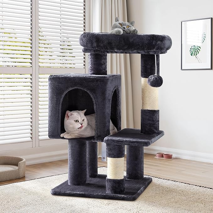 SHA CERLIN 29in Cat Tree for Indoor Cats, Multi-Level Cat Tower with Large Perch, Cozy Condo, Playful Toy Balls, Sisal Scratching Posts, Stable Pet Furniture Activity Center, Space-Saving, Dark Grey