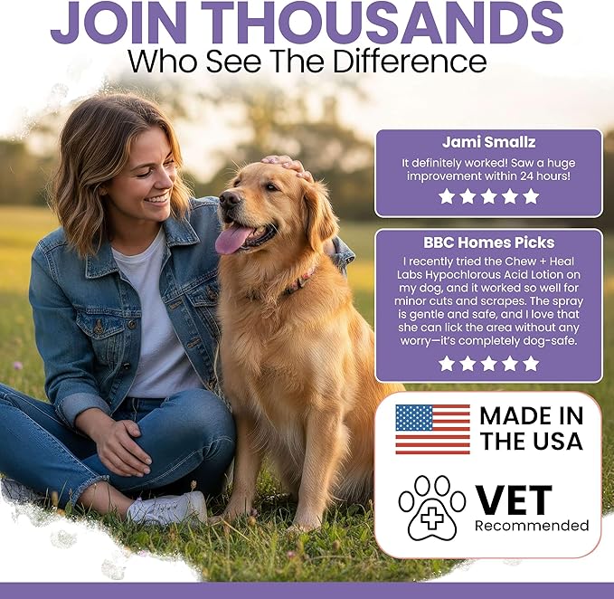 Chew + Heal Labs Hypochlorous Acid Lotion for Dogs – 2oz Dog Wound Spray for Cuts, Burns, Sores, Abrasions, and More – Non Toxic and Chemical Free Hot Spot Lotion – Made in the USA