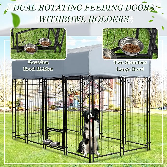 Outdoor Dog Kennel, 8x4x5.7 FT Dog Enclosure with Waterproof Roof Cover & 2 Rotating Dog Bowls for Large Dogs, Welded Wire Steel Outside Dog Fence Dogs Exercise with Secure Lock