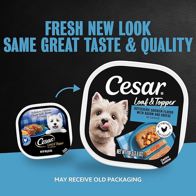 Cesar Loaf & Topper in Sauce Wet Dog Food, Rotisserie Chicken Flavor with Bacon & Cheese, Wet Food for Dogs, 3.5 oz Easy Peel Trays, 24 Count (Pack of 2)