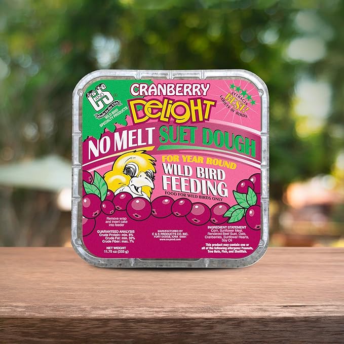 C&S Cranberry Delight No Melt Suet Dough, Suet Cakes for Wild Birds Including Robins, Blue Jays, Bluebirds, Tanagers, Thrushes and More, 8 Pack