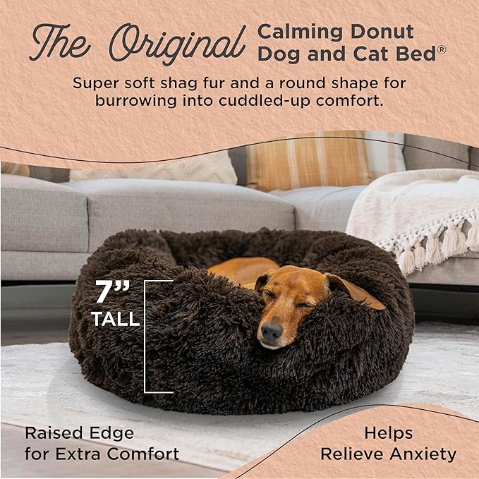 Best Friends by Sheri The Original Calming Donut Dog Bed for Small Dogs up to 25 lbs, Shag Faux Fur, Dark Chocolate, 23" x 23"