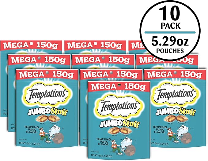 Temptations Jumbo Stuffed Cat Treats, Crunchy and Soft Cat Treats, Tempting Tuna Flavor, 5.3 oz. Pouch (Pack of 10)